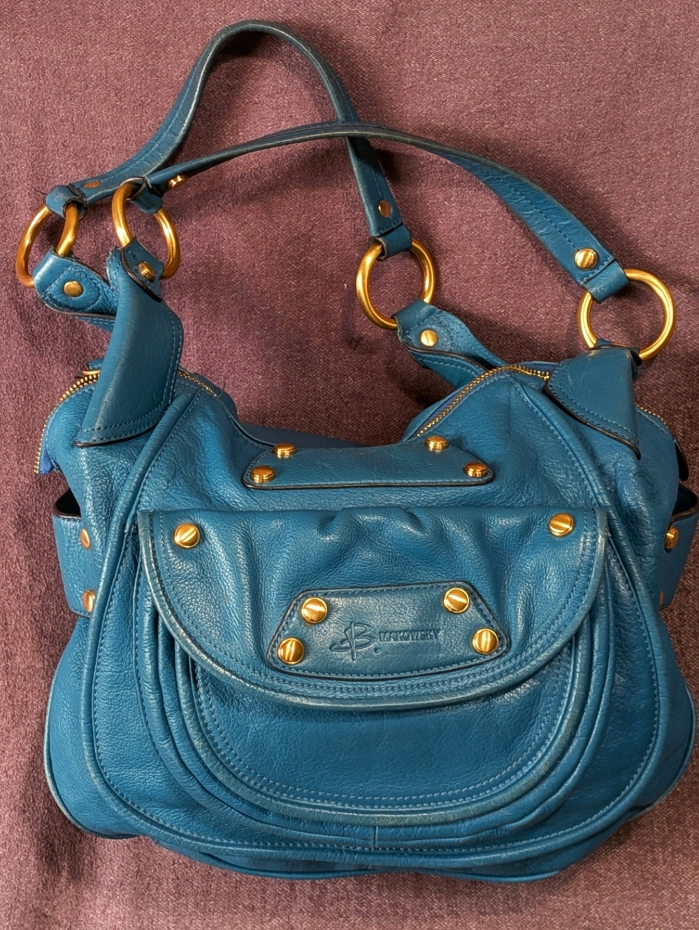 B. Makowsky Turquoise Leather Shoulder Bag with Leopard Lining